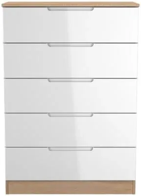 Milan 5 Drawer Chest - White Gloss, Oak