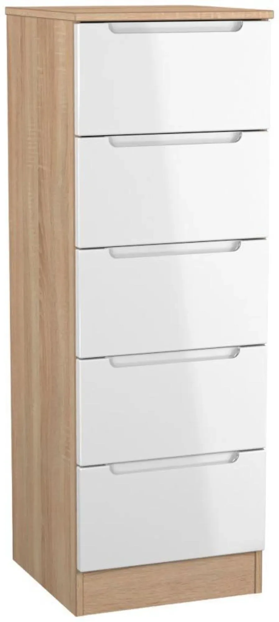 Milan 5 Drawer Narrow Chest - White Gloss, Oak Effect