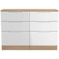 Milan 6 Drawer Midi Chest - White Gloss, Oak Effect