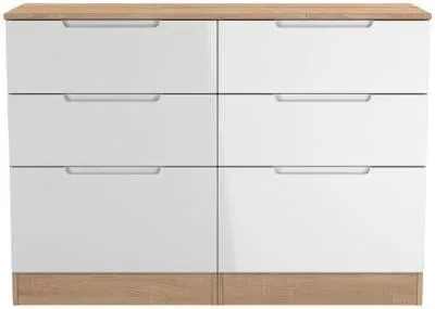Milan 6 Drawer Midi Chest - White Gloss, Oak Effect
