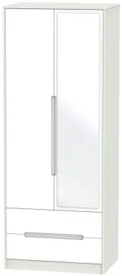 Monaco 2 Door Tall Combi Wardrobe with Mirror - White, Cashmere