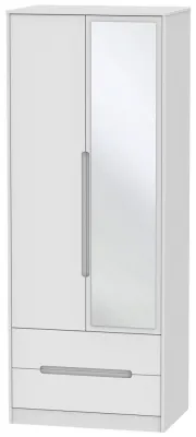Monaco 2 Door Tall Combi Wardrobe with Mirror - White