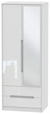 Monaco 2 Door Tall Combi Wardrobe with Mirror - White Gloss