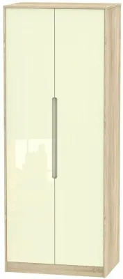 Monaco 2 Door Tall Wardrobe - Cream Gloss, Oak Effect