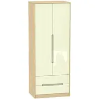 Monaco 2 Door Tall Wardrobe with 2 Drawers - Cream, Oak