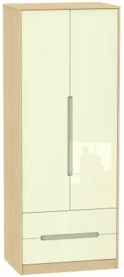Monaco 2 Door Tall Wardrobe with 2 Drawers - Cream, Oak