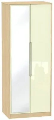 Monaco 2 Door Tall Wardrobe with Mirror - Cream, Oak