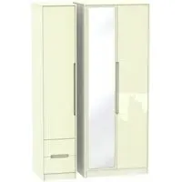 Monaco 3-Door Tall Wardrobe with Mirror and Drawers - Cream