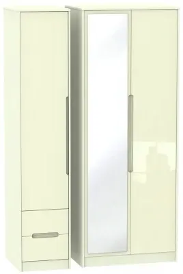 Monaco 3-Door Tall Wardrobe with Mirror and Drawers - Cream
