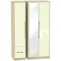 Monaco 3-Door Tall Wardrobe with Mirror and Drawers - Cream, Oak
