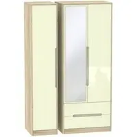 Monaco 3-Door Tall Wardrobe with Mirror and Drawers - Cream, Oak
