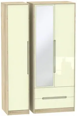Monaco 3-Door Tall Wardrobe with Mirror and Drawers - Cream, Oak