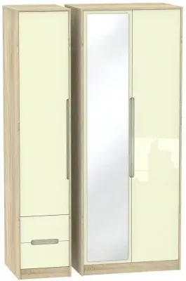 Monaco 3-Door Tall Wardrobe with Mirror and Drawers - Cream, Oak