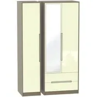 Monaco 3-Door Tall Wardrobe with Mirror and Drawers - Cream, Walnut