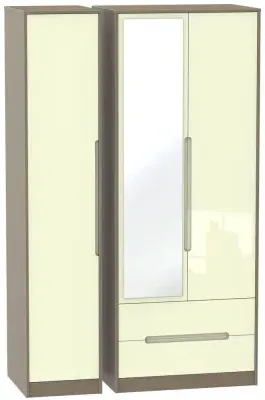 Monaco 3-Door Tall Wardrobe with Mirror and Drawers - Cream, Walnut