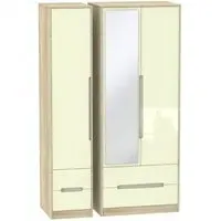 Monaco 3-Door Tall Wardrobe with Mirror - Cream, Oak