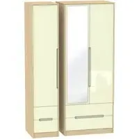 Monaco 3-Door Tall Wardrobe with Mirror - Cream, Oak