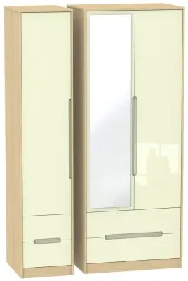 Monaco 3-Door Tall Wardrobe with Mirror - Cream, Oak