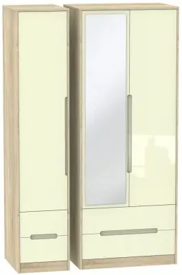 Monaco 3-Door Tall Wardrobe with Mirror - Cream, Oak