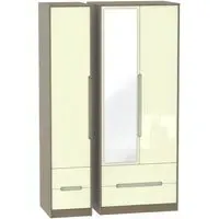Monaco 3-Door Tall Wardrobe with Mirror - Cream, Walnut