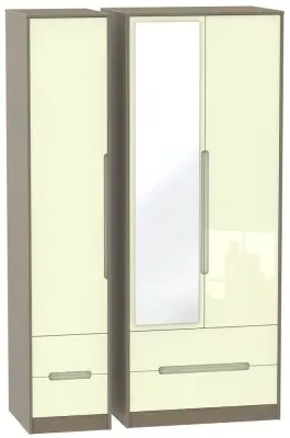 Monaco 3-Door Tall Wardrobe with Mirror - Cream, Walnut
