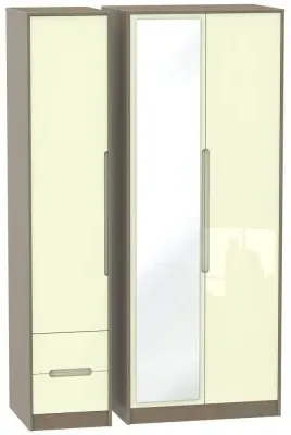 Monaco 3-Door Tall Wardrobe with Mirror - Cream, Walnut