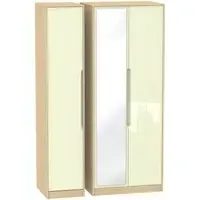 Monaco 3-Door Triple Wardrobe with Mirror - Cream, Oak