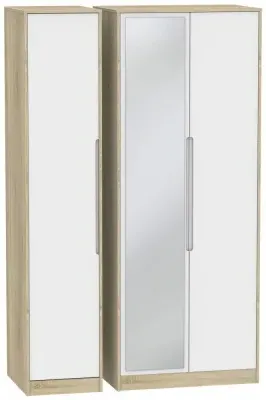 Monaco 3-Door Triple Wardrobe with Mirror - White, Oak