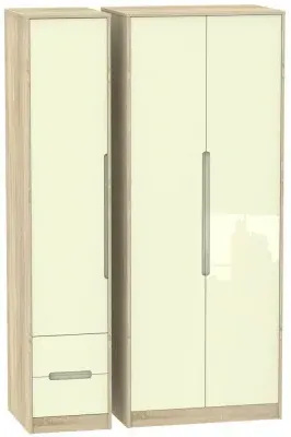 Monaco 3-Door Wardrobe with 2 Drawers - Cream, Oak
