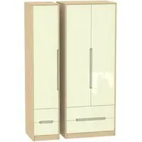 Monaco 3 Door Wardrobe with Drawers - Cream, Light Oak