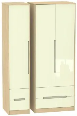 Monaco 3 Door Wardrobe with Drawers - Cream, Light Oak