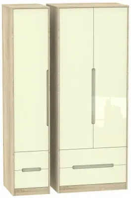 Monaco 3 Door Wardrobe with Drawers - Cream, Oak Effect
