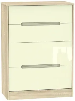 Monaco 4 Drawer Deep Chest - Cream Gloss, Oak Effect