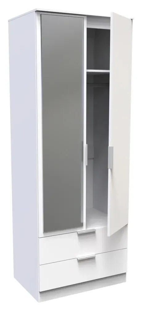 Plymouth 2 Door Tall Combi Wardrobe with Mirror - White Gloss