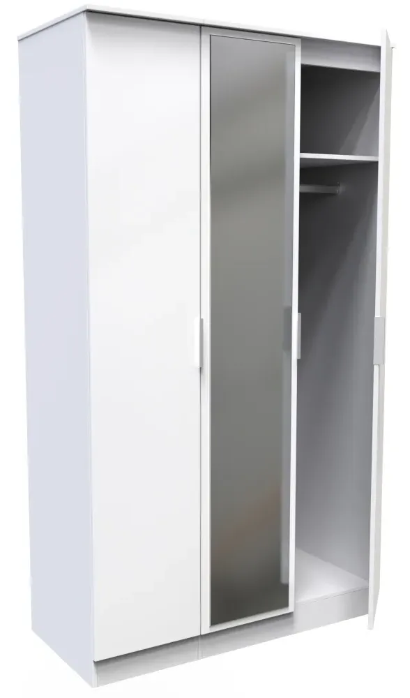 Plymouth 3 Door Tall Triple Wardrobe with Mirror - White