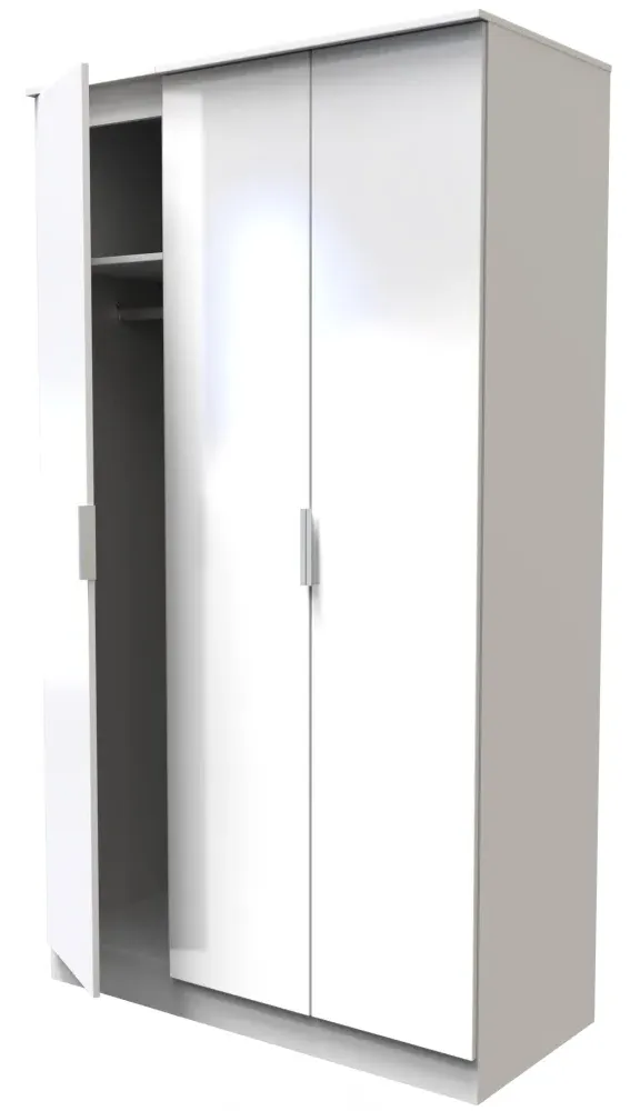 Plymouth 3 Door Tall Wardrobe - White Gloss