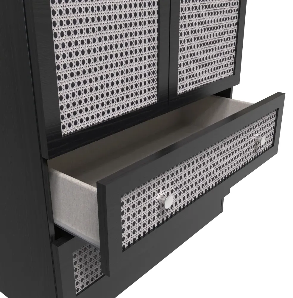 Rattan 2 Door 2 Drawer Tall Wardrobe - Black Ash