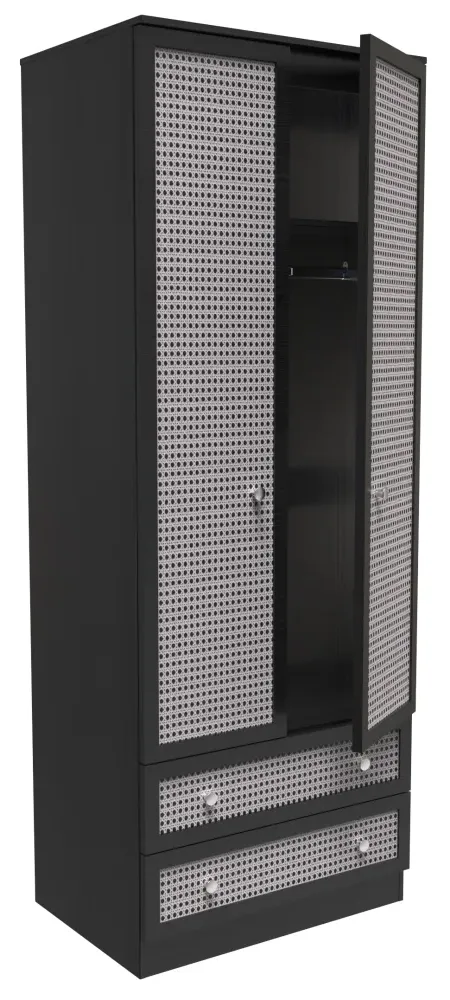 Rattan 2 Door 2 Drawer Tall Wardrobe - Black Ash
