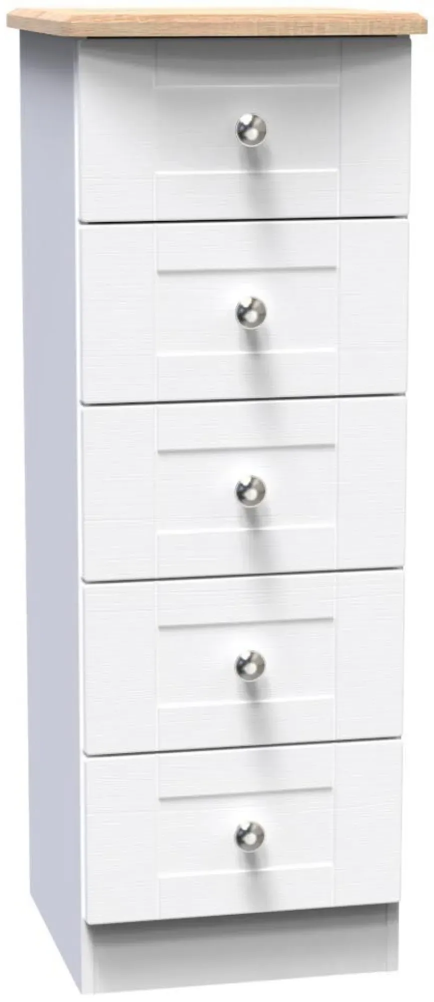 Sussex 5 Drawer Narrow Chest - White, Oak Effect