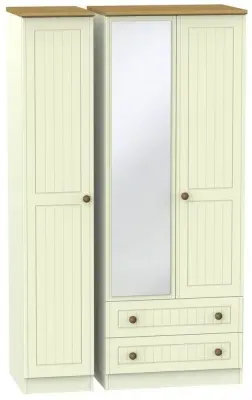 Warwick 3 Door Combi Wardrobe with Mirror and Drawers - Cream, Oak