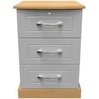 Whitney 3 Drawer Bedside Cabinet with Lock - Oak, Grey