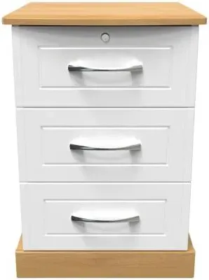 Whitney 3 Drawer Bedside Cabinet with Lock - Oak, White