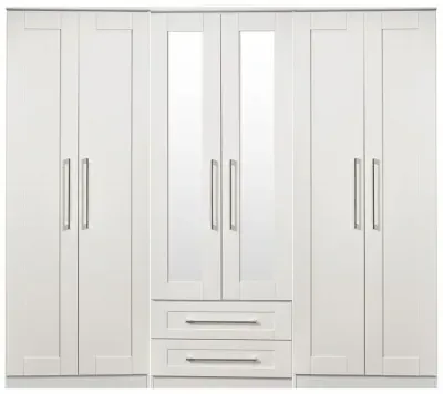 York 6 Door Tall Mirror Combi Wardrobe - White Ash