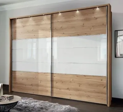 Arco 2 Door Sliding Wardrobe - Bianco Oak, White Glass