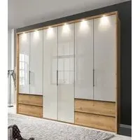 Asmara 6 Door Wardrobe with 6 Drawers - Oak, Grey Glass