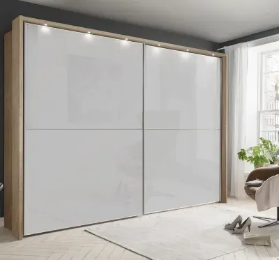 Berlin 2 Door Sliding Wardrobe - White Glass, Oak