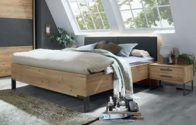 Breda Anthracite Cushion Headboard Bed - Bianco Oak