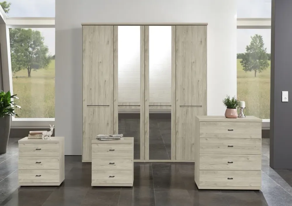 Dakar 2 4 Door Mirror Wardrobe with Slate Handles - Rustic Oak