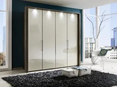 Loft 4 Door Bi-Fold Wardrobe - Magnolia Glass, Oak