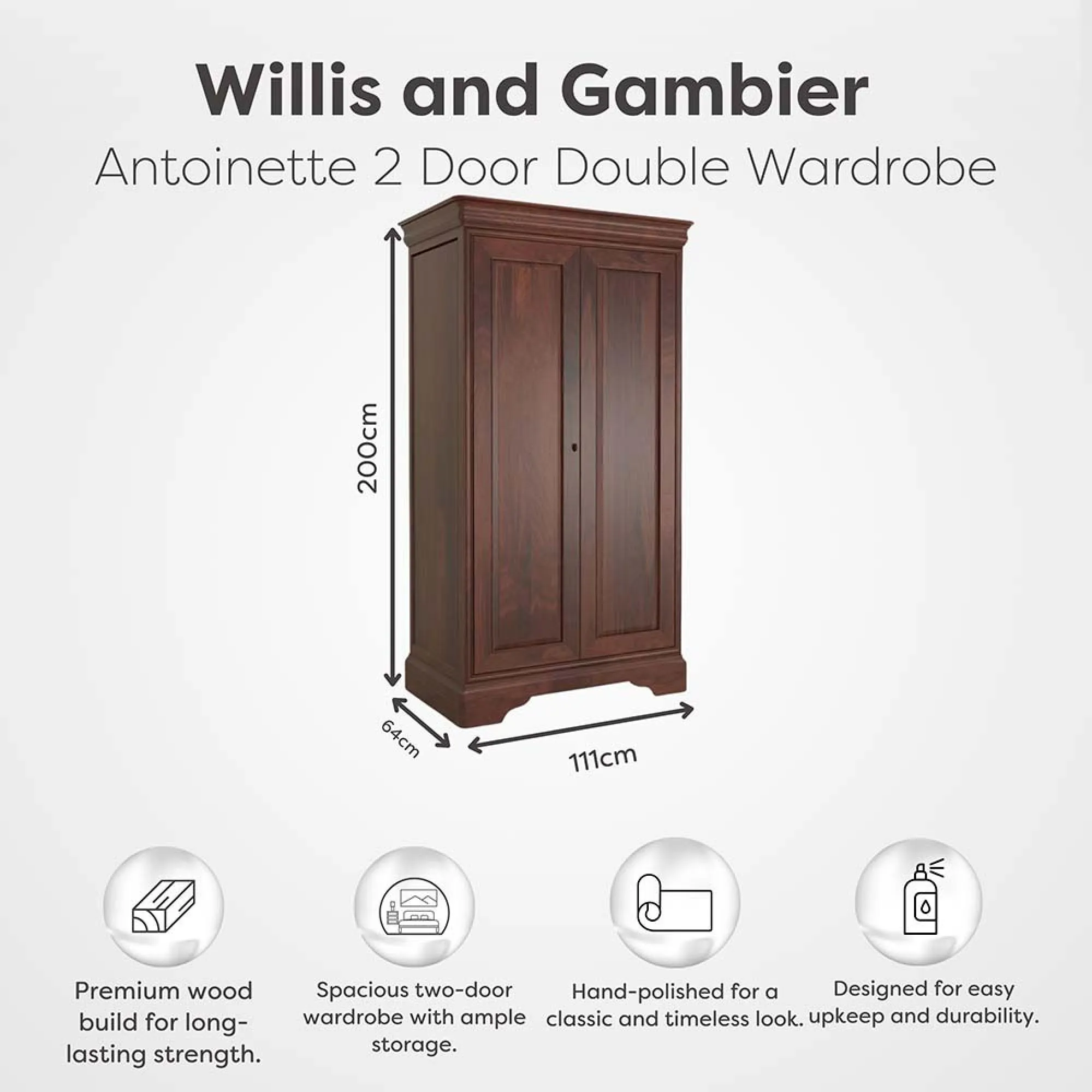 Antoinette 2 Door Wardrobe - Dark Cherrywood